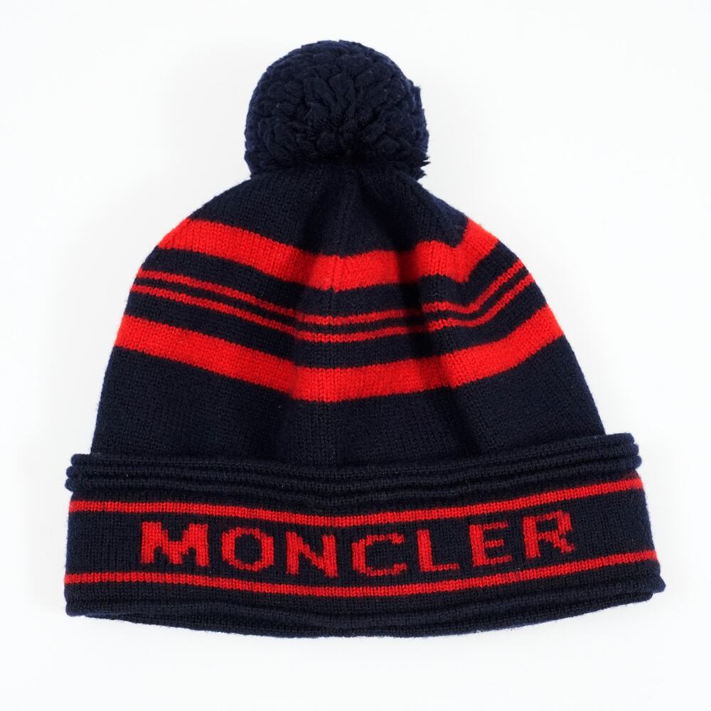 Moncler Berretto Wool Beanie Hat Navy Red Stripe Pom Pom Italy